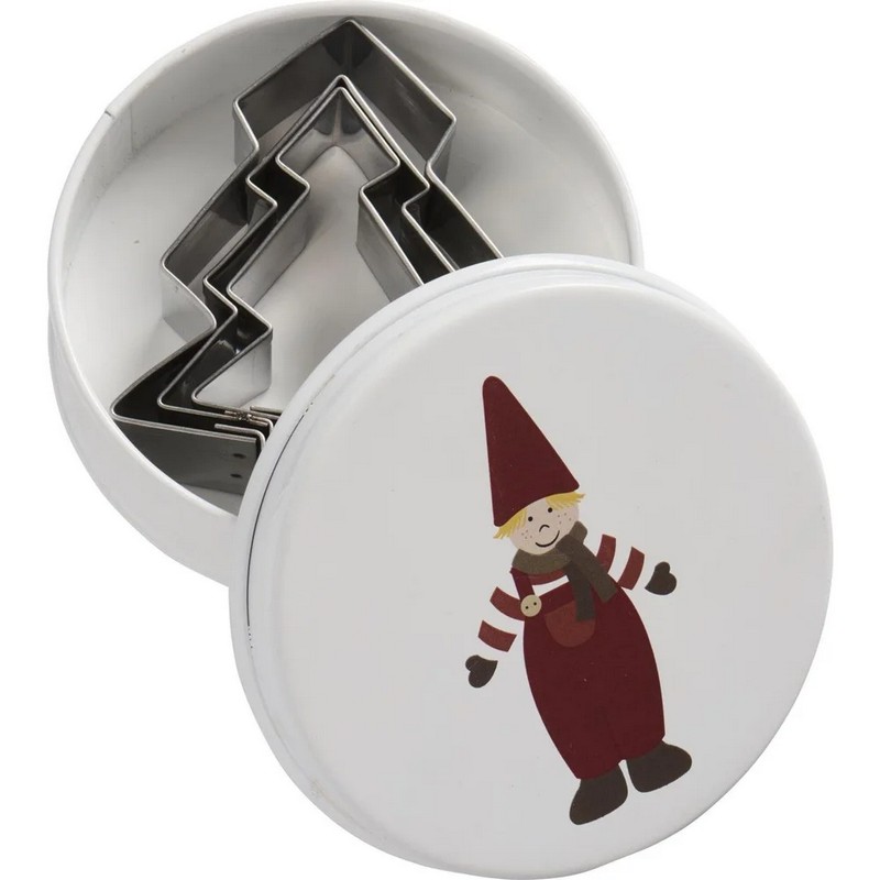 Scatola in latta decorata con folletto contenente 3 tagliabiscotti a forma di albero di Natale di dimensioni diverse